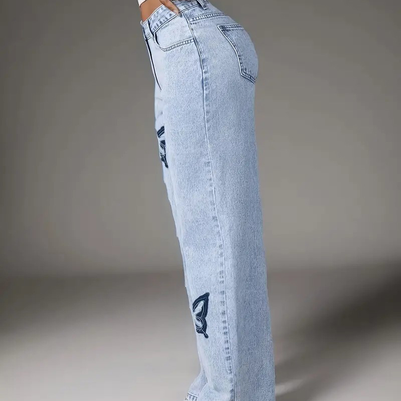 Jeans flare femininos personalizados de alta qualidade com bordado, confortáveis e de denim respirável