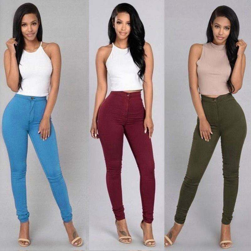 Calças Skinny Femininas Cor Doce Slim Stretch Pernas Básicas Casuais Calças Femininas Jeans de Cintura Alta