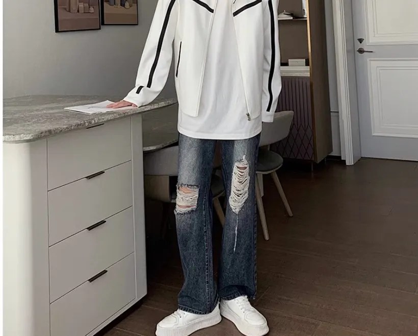 Jeans Masculinos Estilosos e Quentes, Cintura Média, Lavagem Solta, Design com Rasgos no Joelho para Uso Casual de Rua
