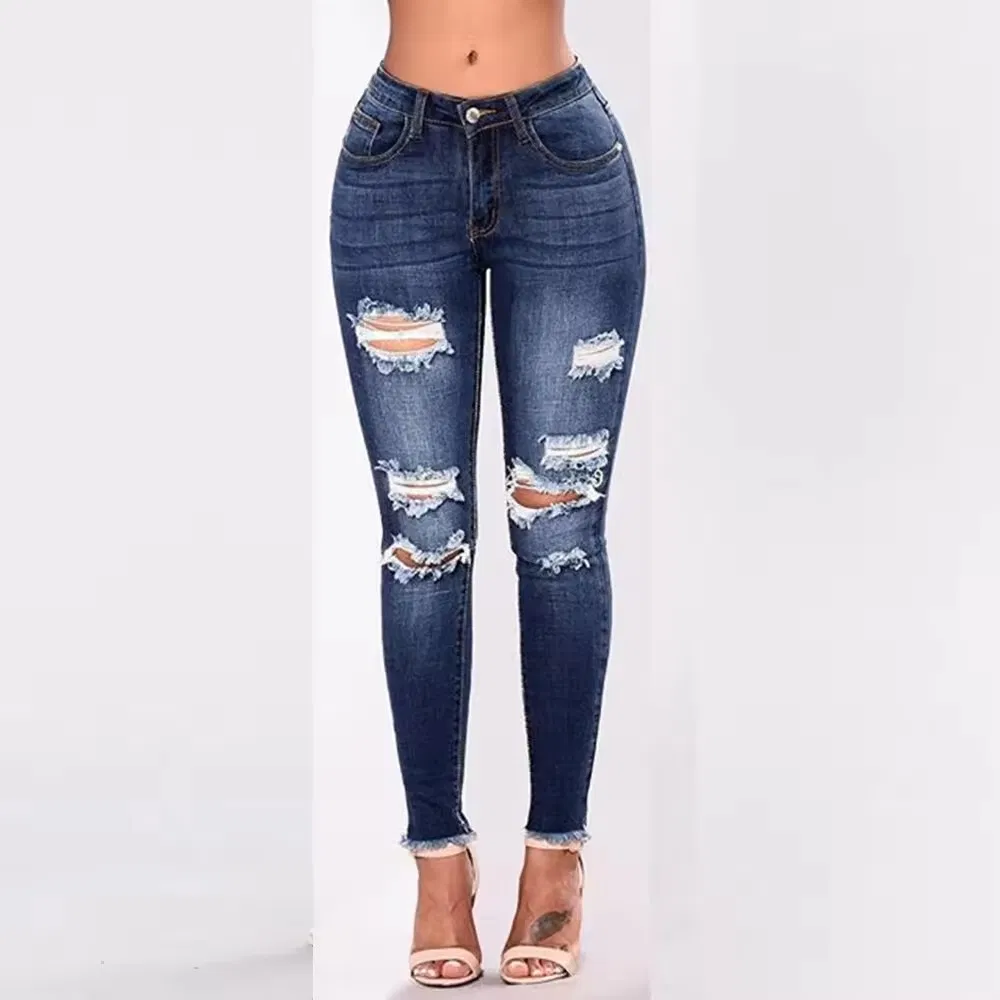 Calças Jeans Slim Fria Femininas Skinny de Cintura Alta Azul Denim Calças Lápis Elásticas para Mulheres