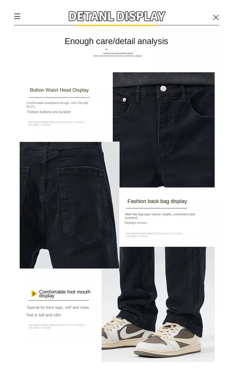 Calças Casuais Masculinas Jeans Pretos Stretch de Cintura Alta, Soltas e Afinadas