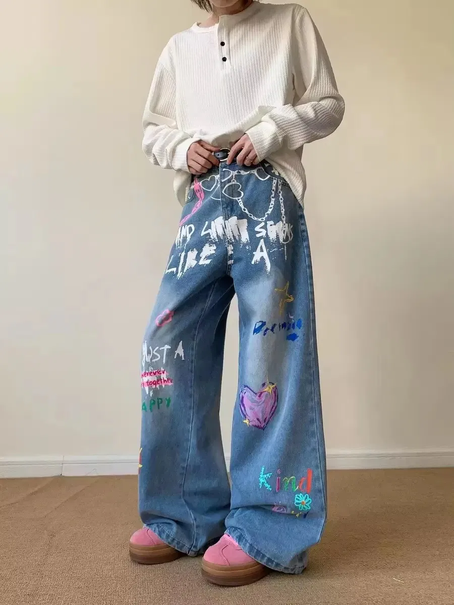 Calças Jeans de Cintura Alta Femininas com Estampa Retrô, Estilo Confortável para Primavera Verão XL