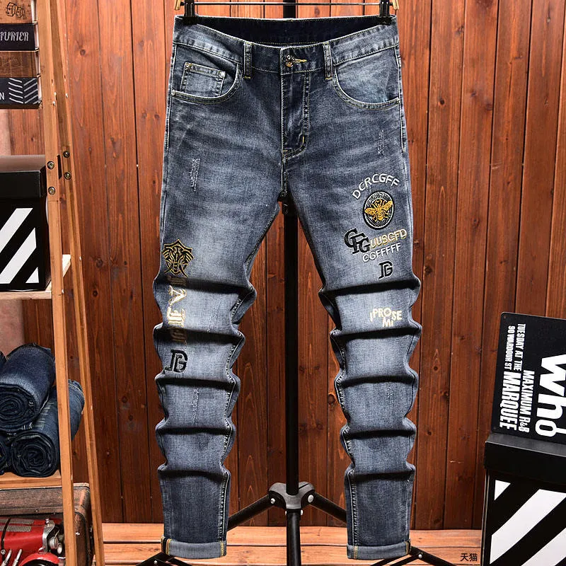 Calças Jeans Masculinas Ajustadas Stonewashed Vintage Respirável de Cintura Média e Perna Reta