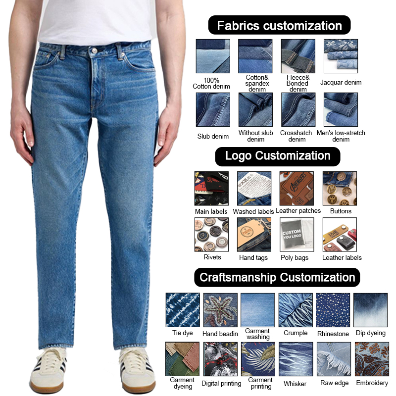 Calças Jeans Masculinas Personalizadas Baixo MOQ Azul Lavado Slim Fit Todas as Calças Ruby Stone