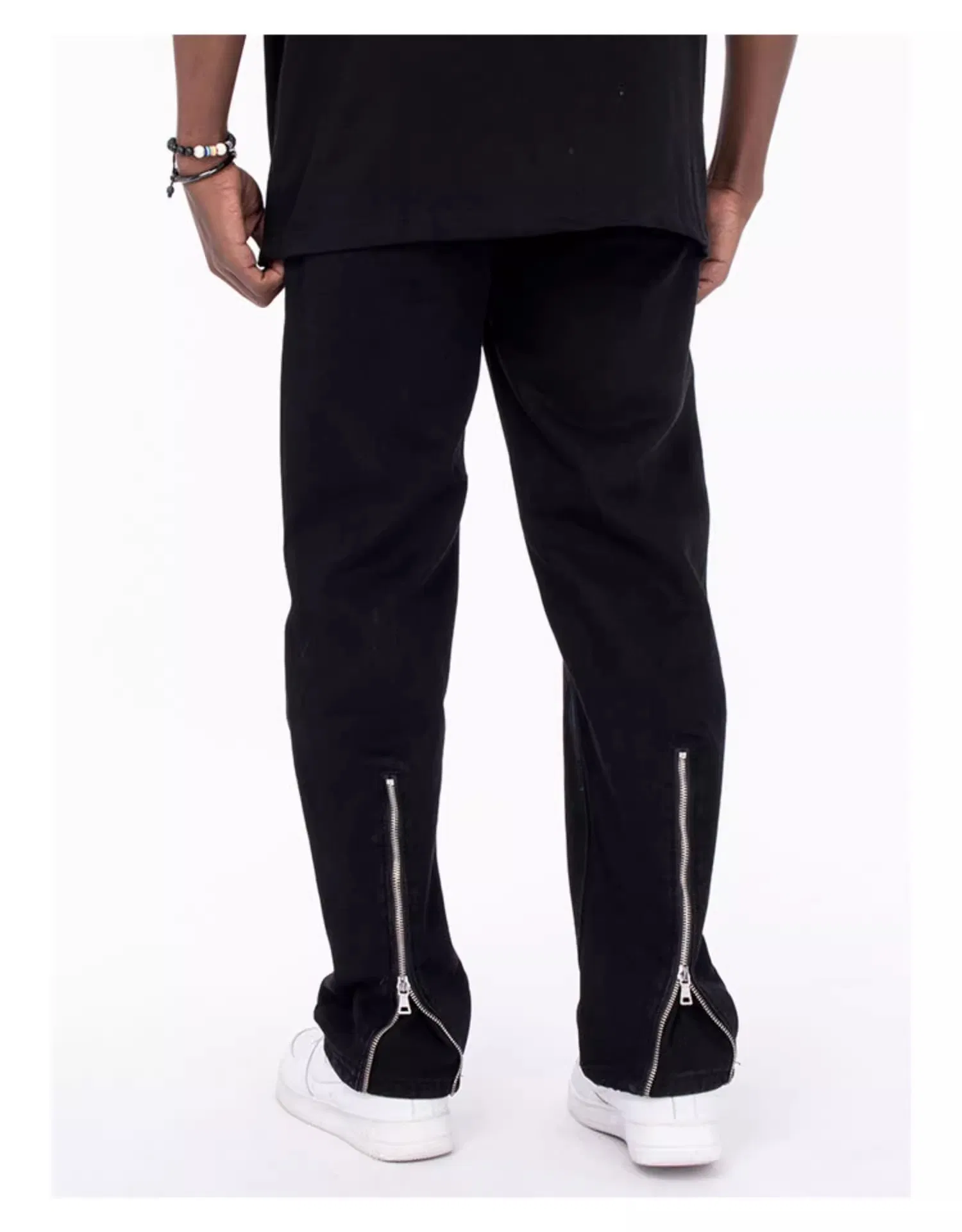 Calças de Jeans Masculinas Fashion com Zíper na Barra, Corte Reto, Jeans Relaxados