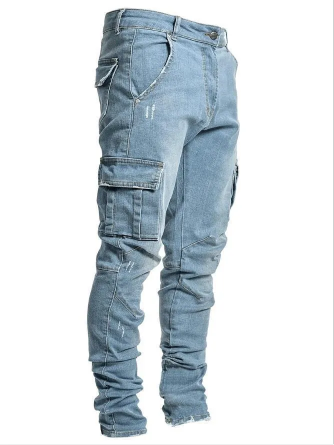 2024 Calças Jeans Estreitas com Zíper e Buraco no Joelho para Homens