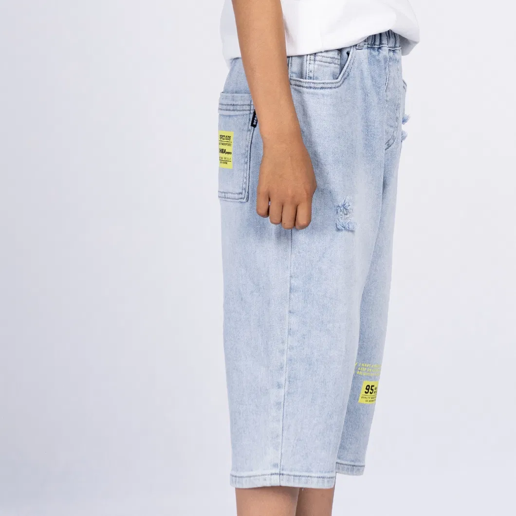 Calças infantis de algodão macio, denim lavado, azul claro, nove pontos de verão personalizadas