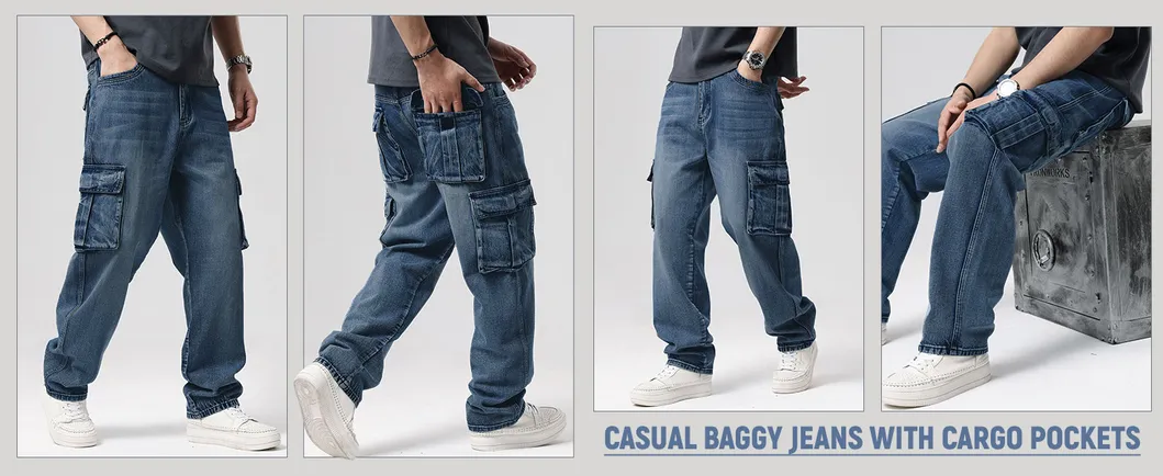 Calças de Trabalho Jeans de Hip Hop Casuais Masculinas Largas com Bolsos Cargo