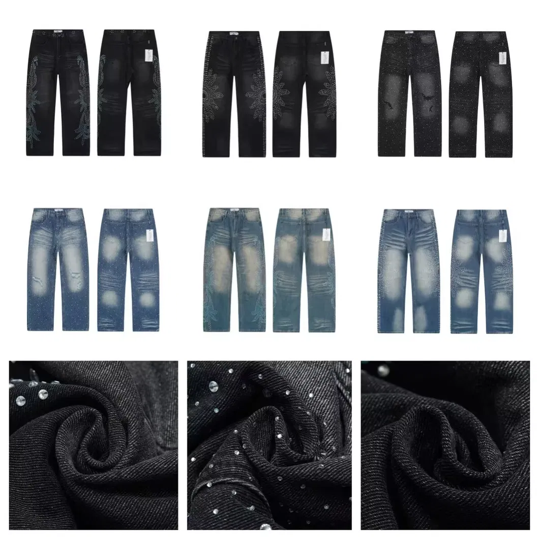 Calças Jeans Vintage de Perna Reta para Homens com Decoração de Strass Va Forever Streetwear