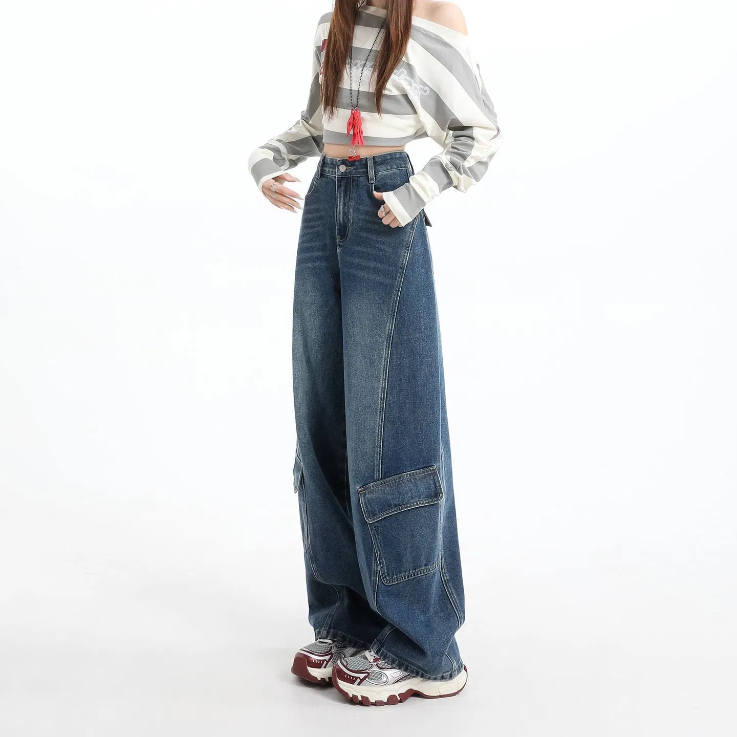 Baixa MOQ Calças Cargo Baggy Femininas de Cintura Alta Jeans Vintage Lavados de Perna Larga Moda de Rua