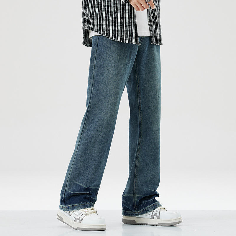 Calças largas de cintura alta estilo americano, jeans retro levemente flare para homens, calças de denim em branco para casais