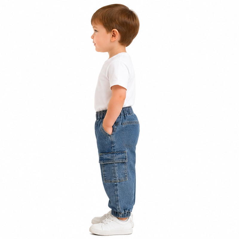 Calças Cargo para Crianças Jeans Largas com Cintura Elástica em Algodão Denim