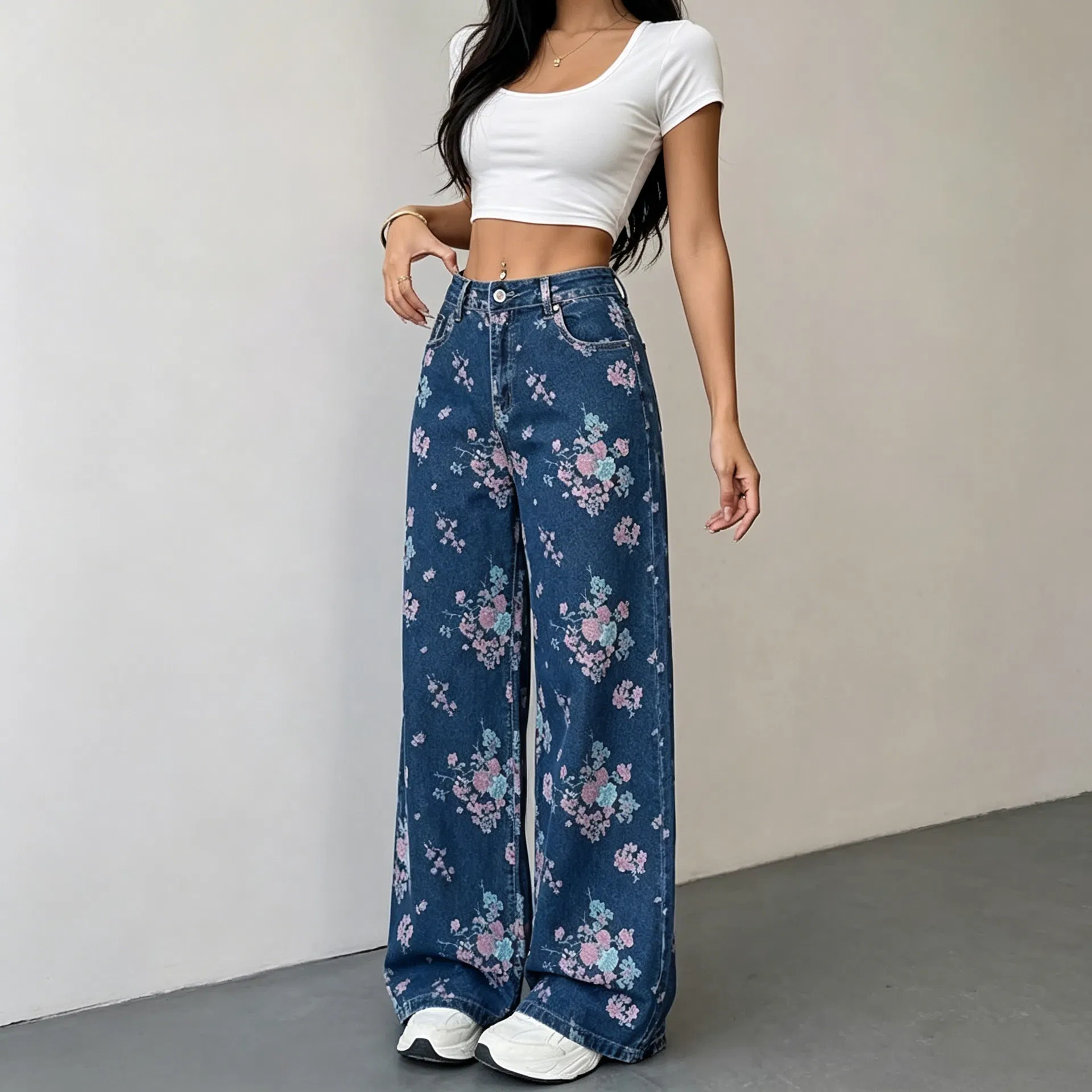 Calças de Jeans de Cintura Alta com Estampa Floral, Largura Larga, Soltas e Elegantes