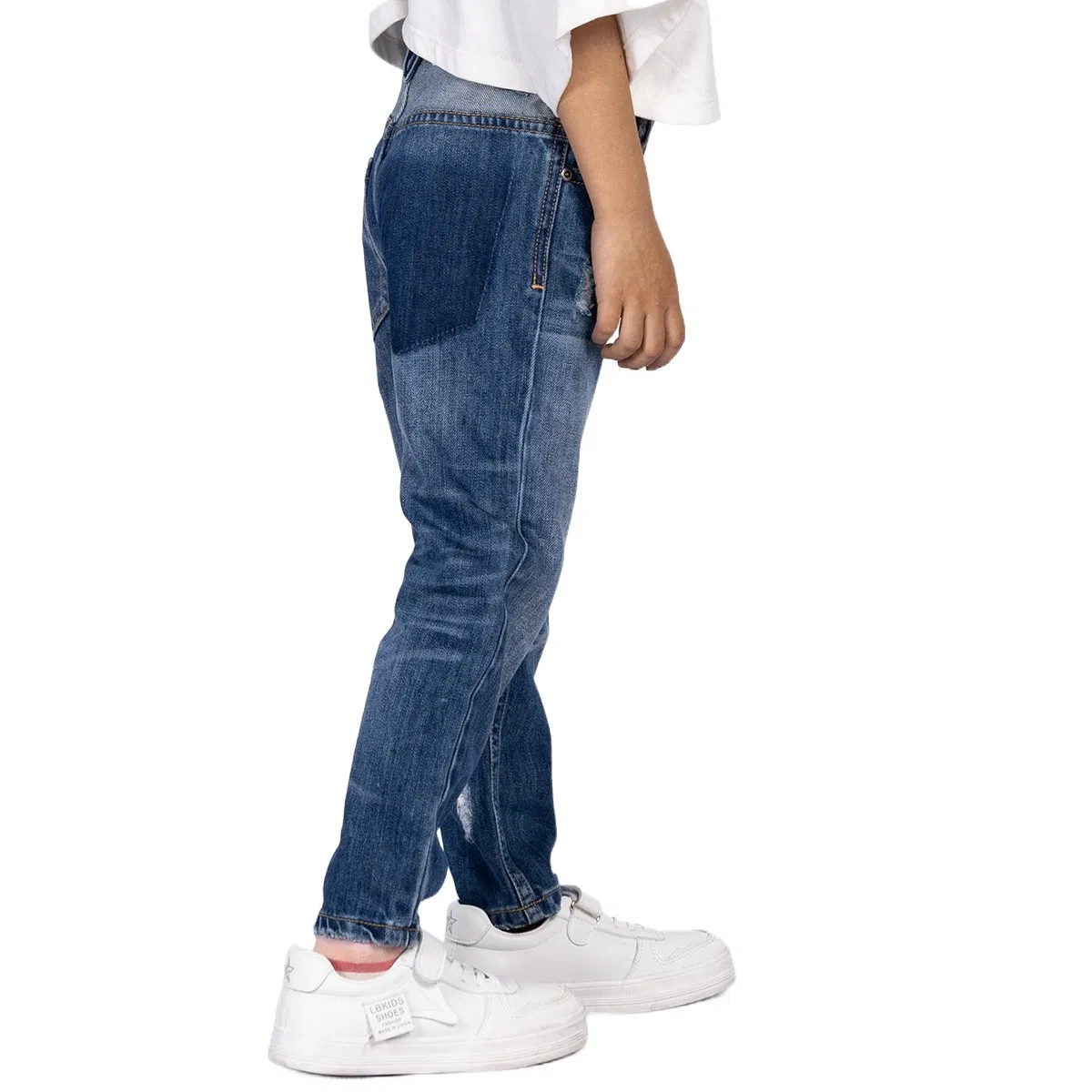 Calças jeans de denim para meninas personalizadas, azul escuro, macias, de algodão, com spray, boa venda