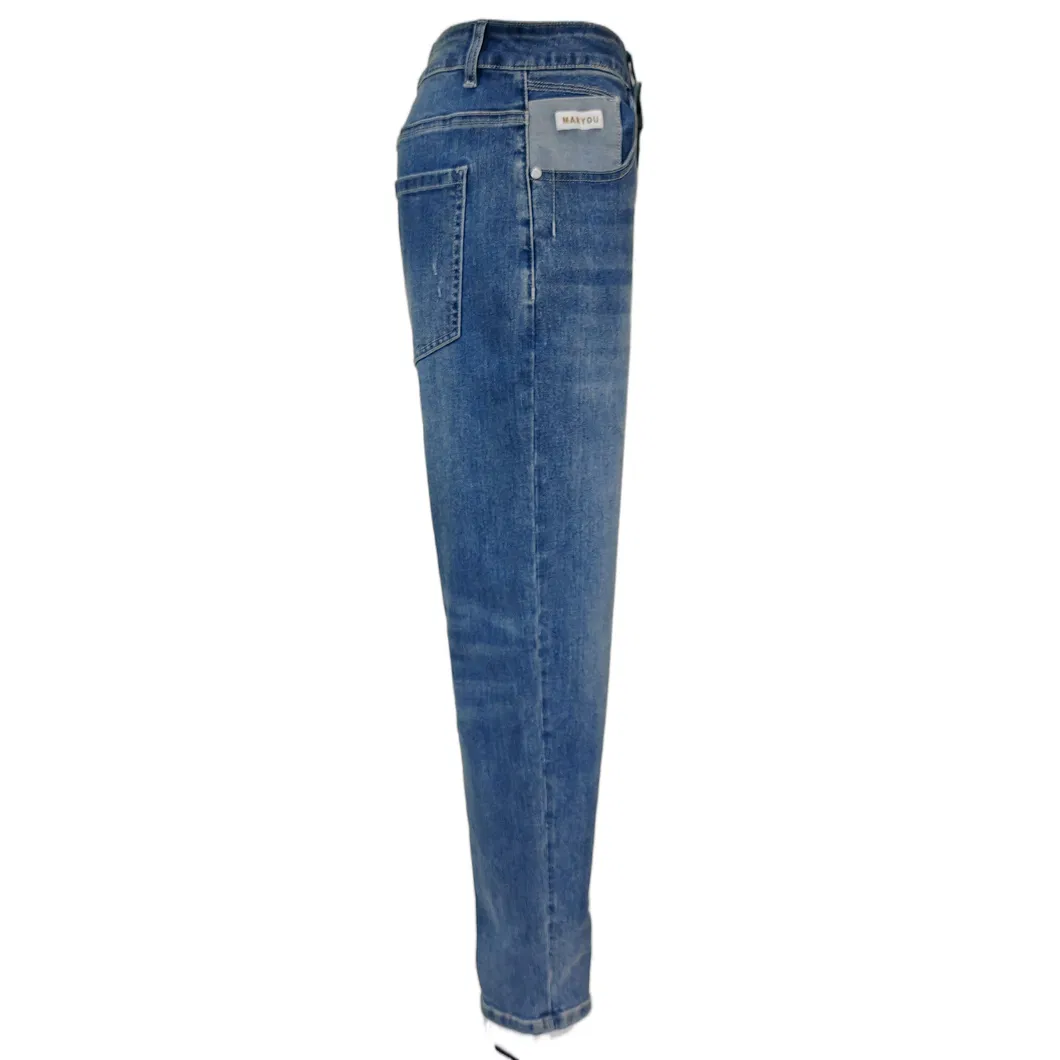 Calças de Jeans Relaxadas Tapered Azuis para Mulheres com Lavagem Desgastada Casual