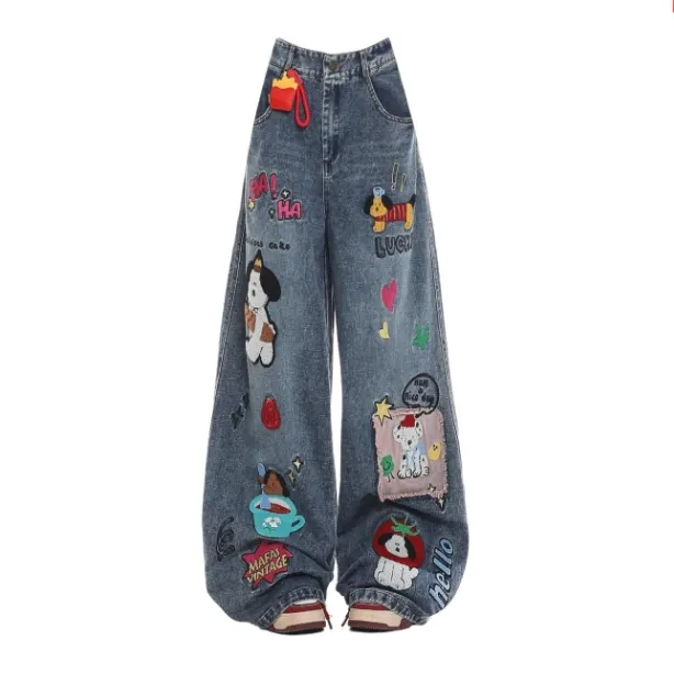Calças de Jeans Bordadas em Patches de Estilo Americano Divertido para Homens e Mulheres no Mesmo Estilo, Nova Tendência, Ajuste Relaxado, Largas e Longas
