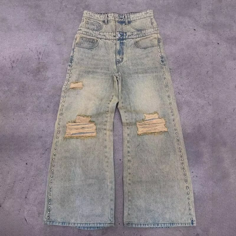 Calças Jeans Masculinas Baggy de Cintura Alta Lavagem Ácida Vintage de Perna Larga Desgastadas em Denim