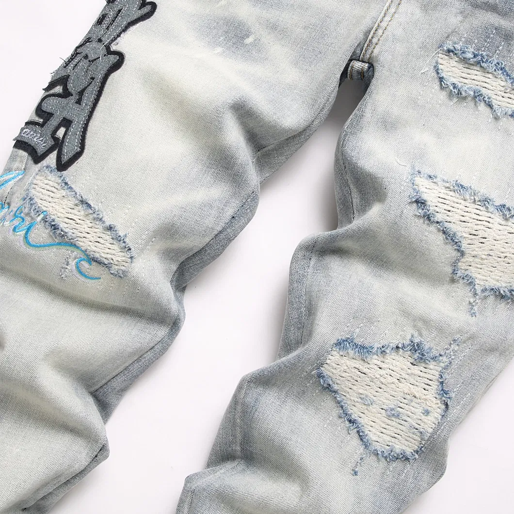 Fábrica Atacado Personalizado Logotipo de Marca Alta Qualidade Am Rasgado Azul Estrela Patches Ajuste Slim Jeans Skinny Masculinos Tendência