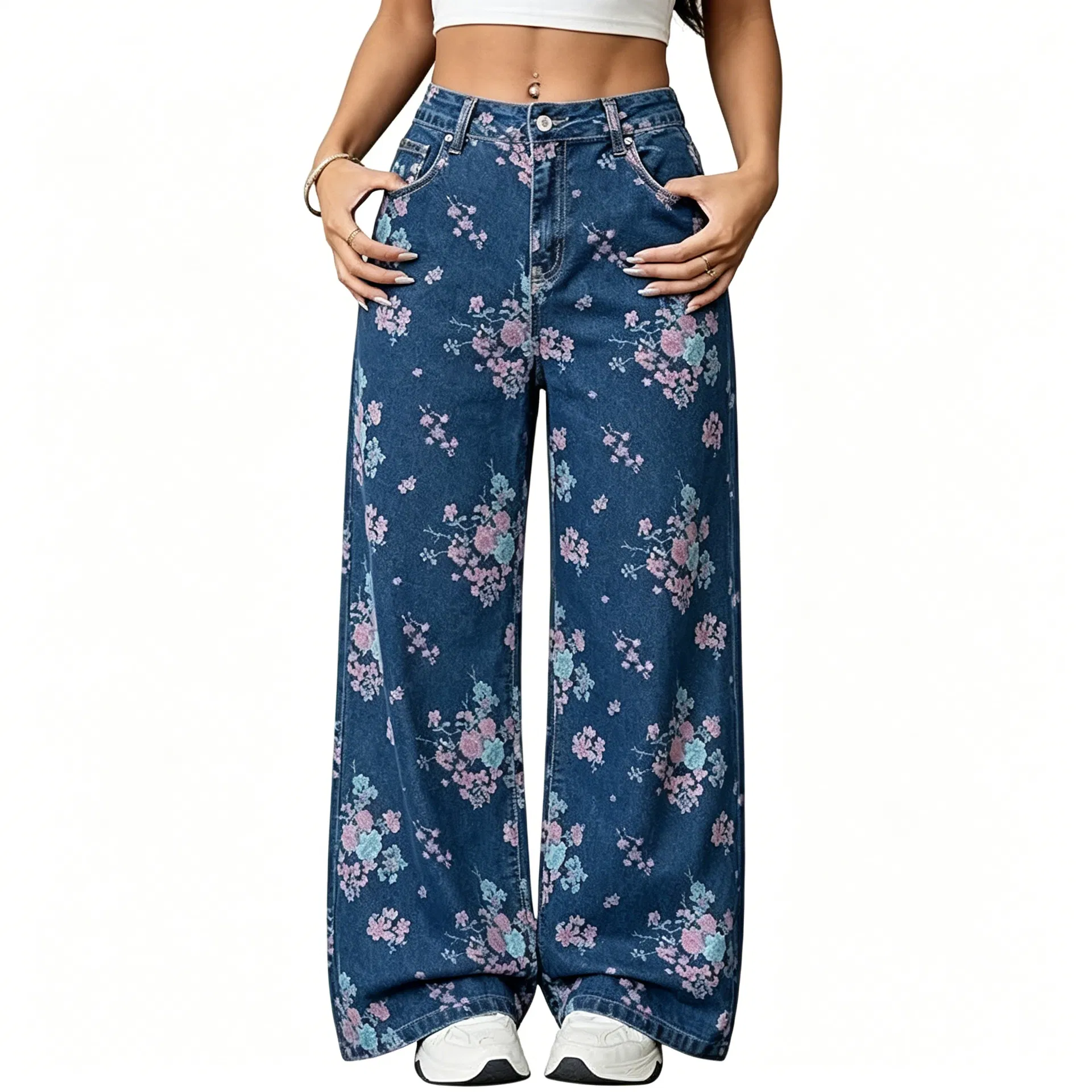 Calças de Jeans de Cintura Alta com Estampa Floral, Largura Larga, Soltas e Elegantes