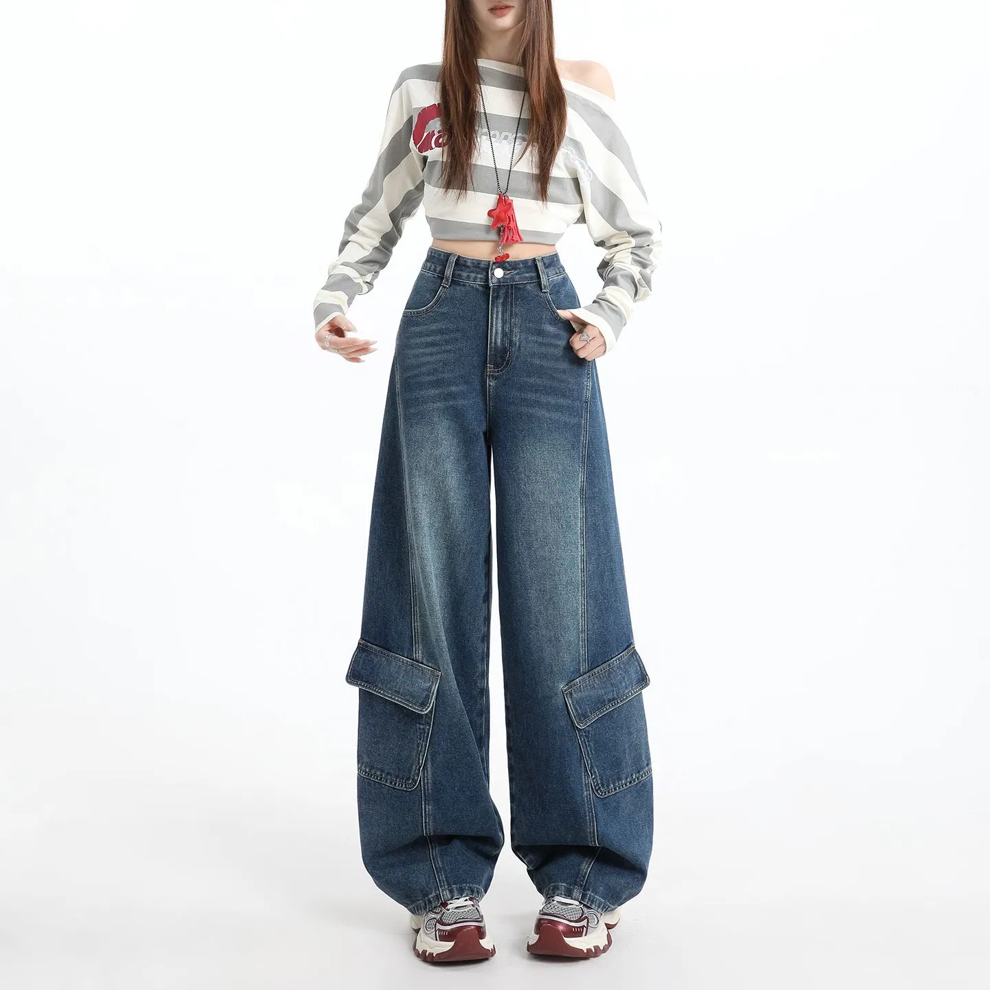 Baixa MOQ Calças Cargo Baggy Femininas de Cintura Alta Jeans Vintage Lavados de Perna Larga Moda de Rua