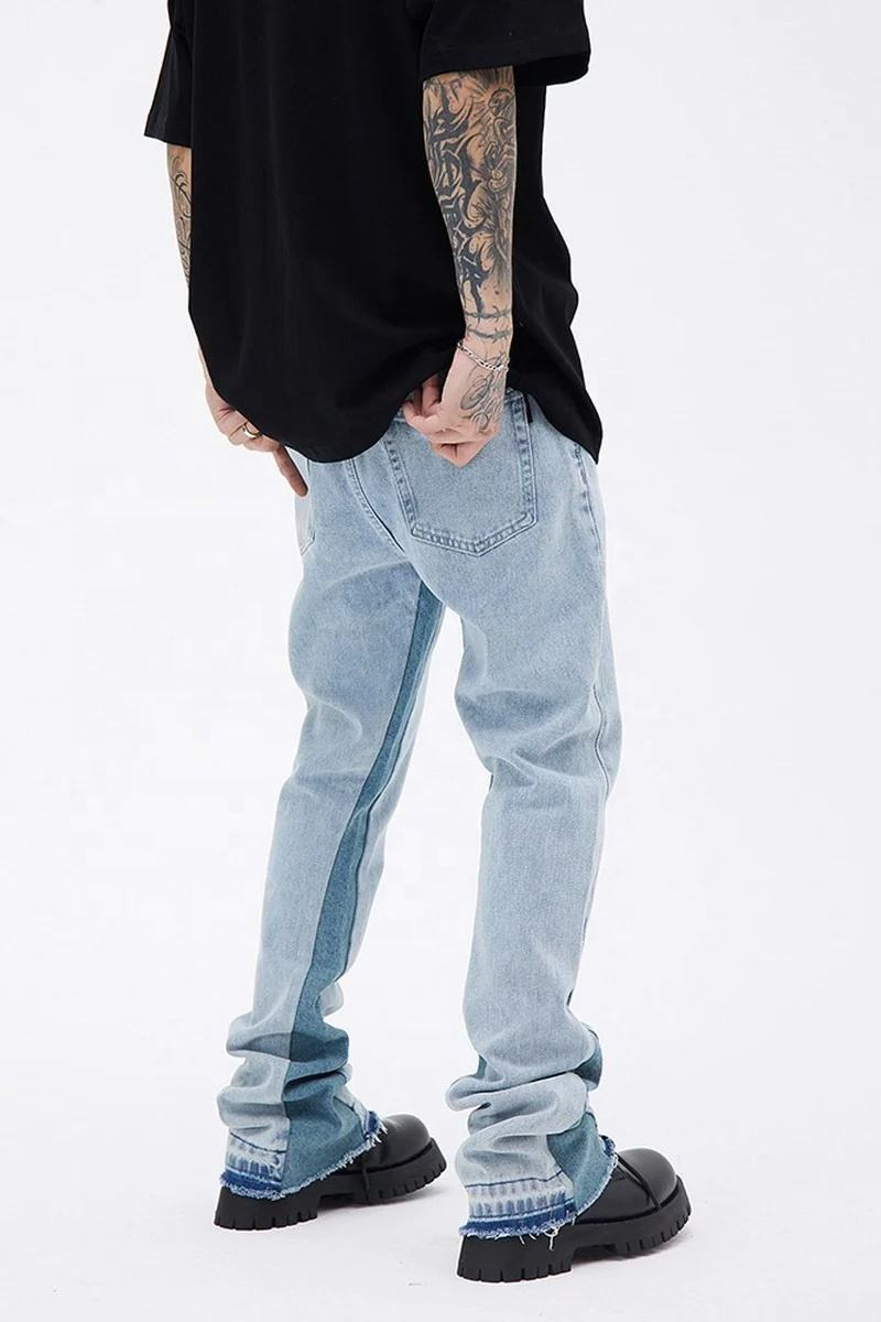 Atacado de Alta Qualidade Calças de Jeans Masculinas em Branco com Logo Personalizado, Calças de Denim em Patchwork, Estilo Flare Empilhado, Ajuste Slim para Homens