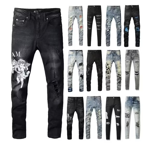 Calças Masculinas de Moda Vintage Lavadas Cor Preta Stretch Jeans Amir Atacado Slim Fit Skinny Calças Reto Largas Denim Casuais para Homens