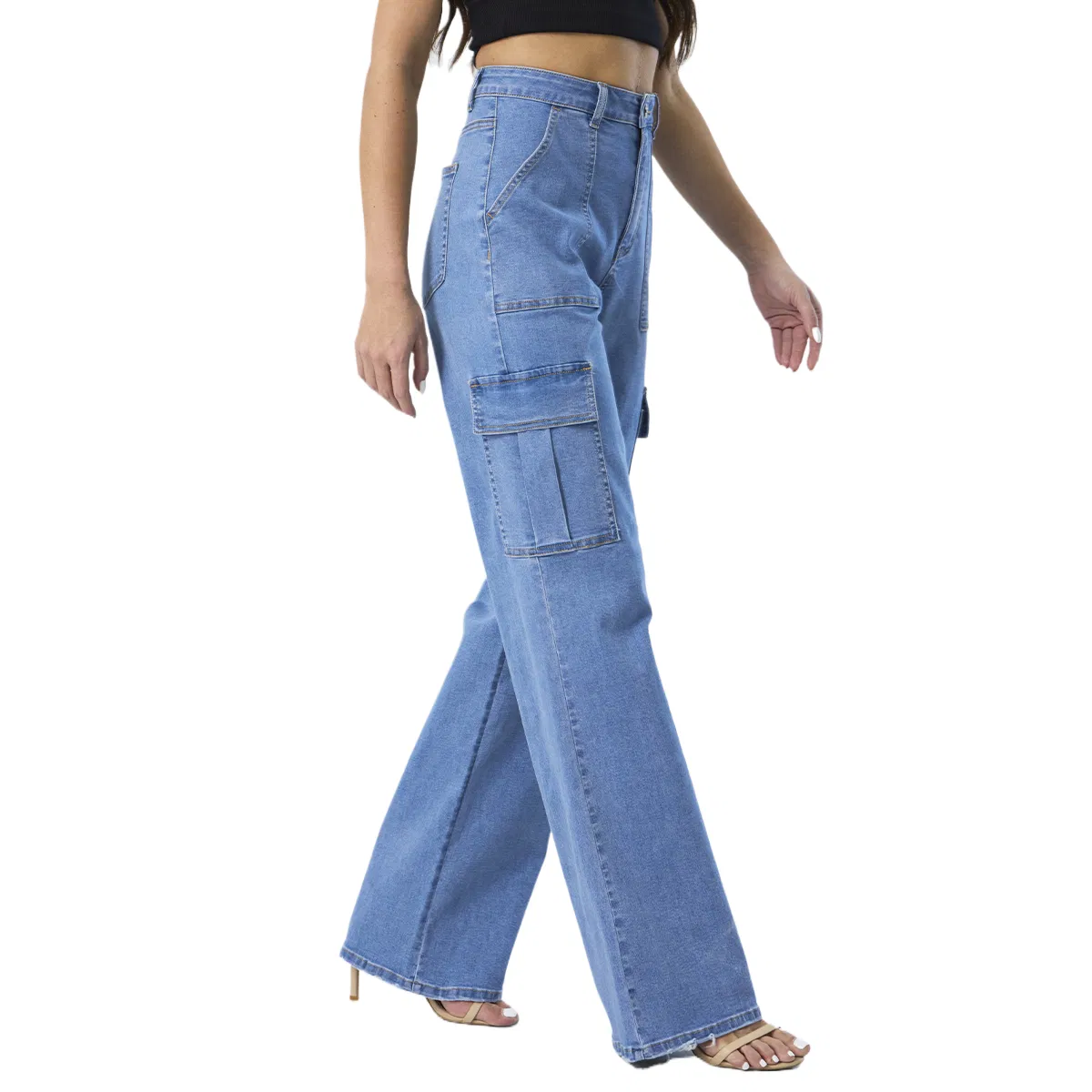 Calças de brim femininas boyfriend de cintura alta com bolsos cargo