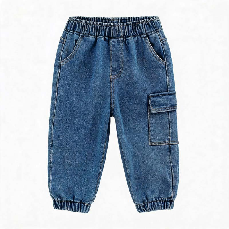 Calças Cargo para Crianças Jeans Largas com Cintura Elástica em Algodão Denim