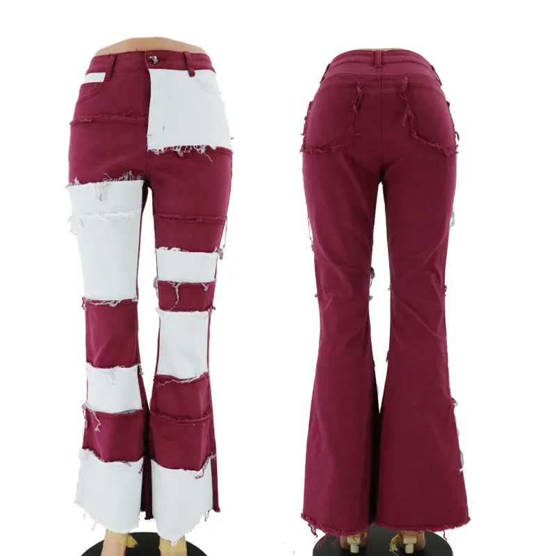 Calças Flare Skinny de Cintura Alta em Patchwork Contrastante