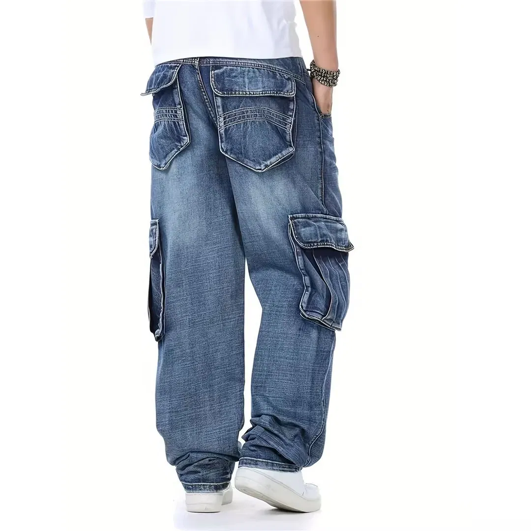 Calças de Trabalho Jeans de Hip Hop Casuais Masculinas Largas com Bolsos Cargo