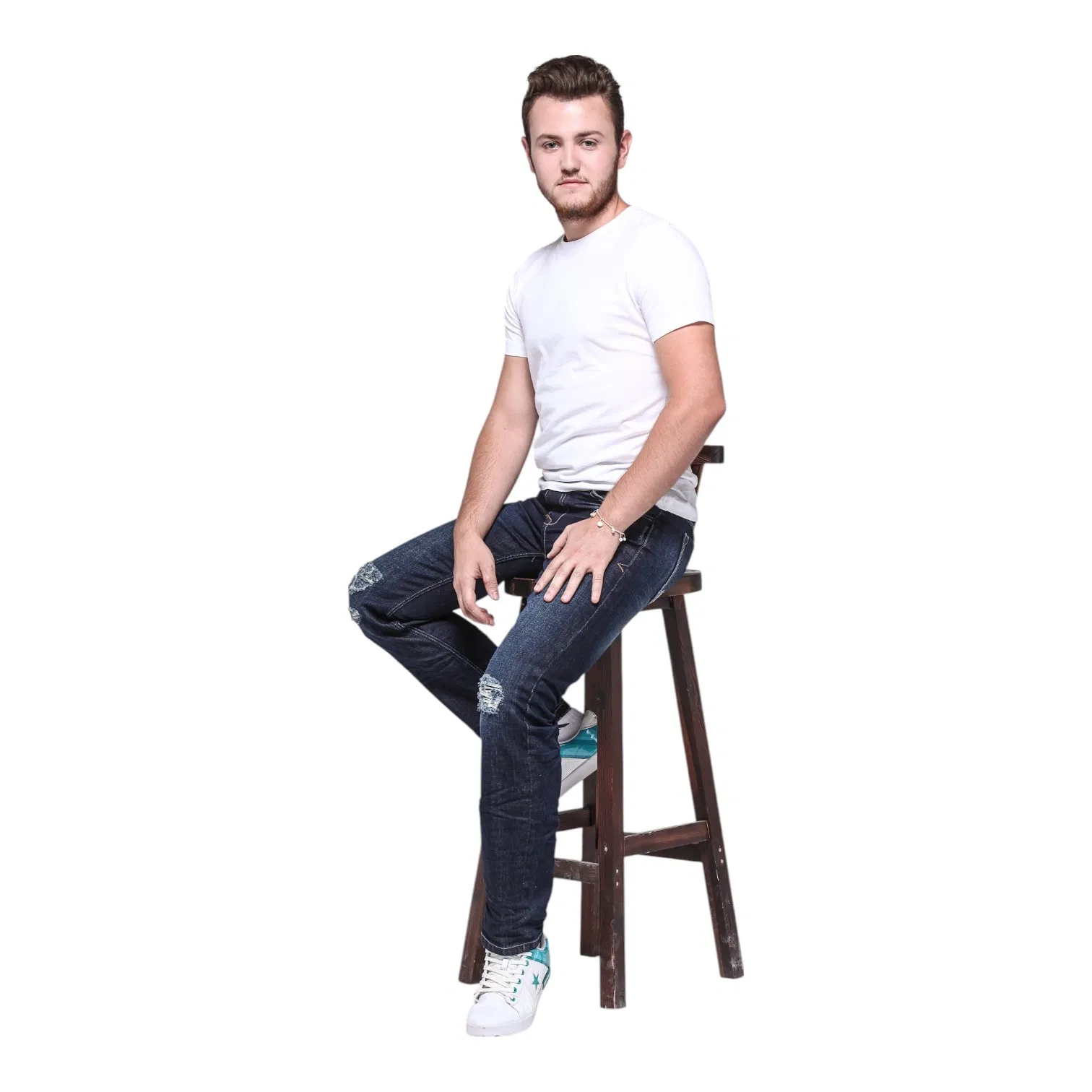 Jeans Mtm com Design Azul Médio Lavado Vintage e Costura em Contraste para um Apelo Atemporal