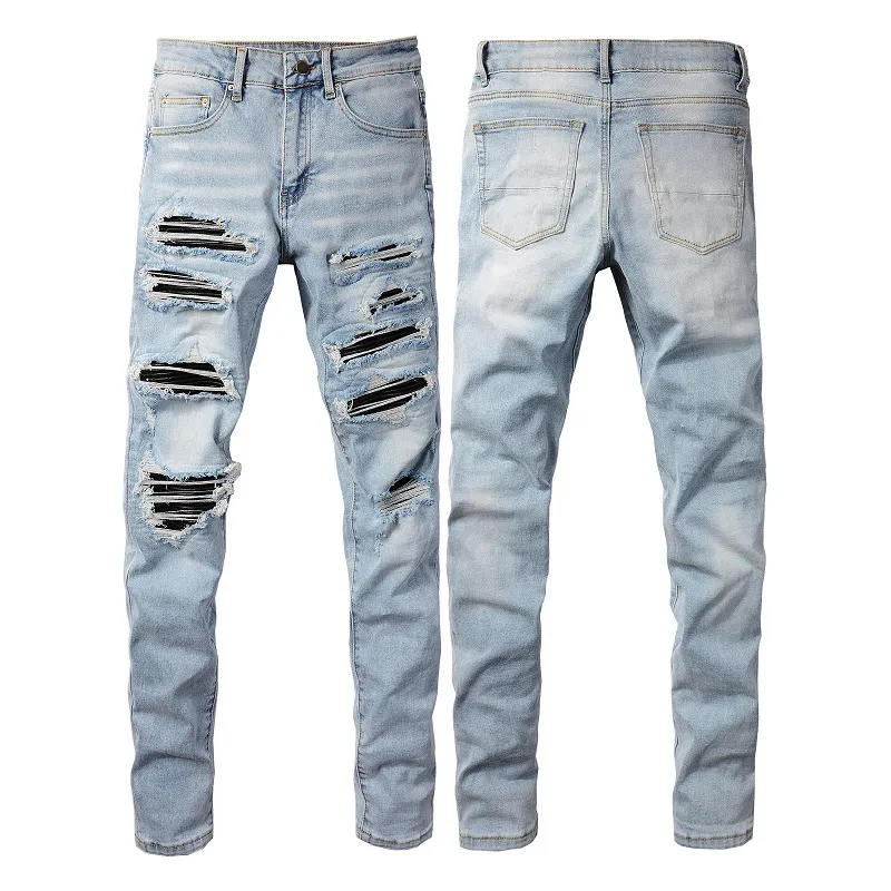 Calças Jeans Slim Elásticas de Couro com Bordado da Marca Trendy Am High Street, Calças Vintage Lavadas, Estilo Hip Hop