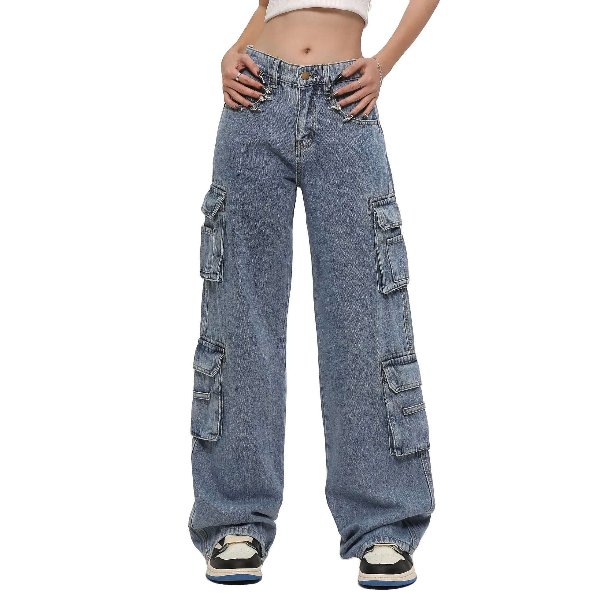 Calças jeans desgastadas, desfiadas e largas para mulheres, com múltiplos bolsos, estilo reto e solto, tendência hip-hop, respirável