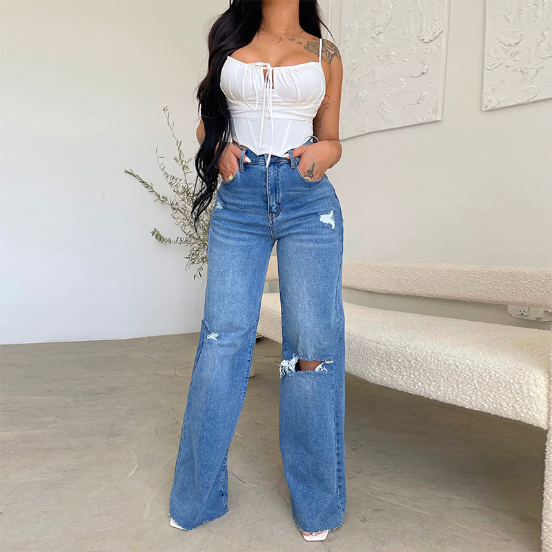 Calças de Jeans Femininas Atacado, Calças para Mulheres, Jeans Rasgado com Barra Desfiada, Moda Feminina, Jeans Baggy