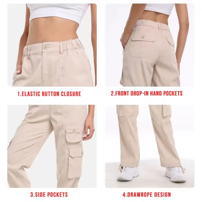 Novo Design de Calças Casuais de Trabalho Femininas de Cintura Alta, Largas e com Múltiplos Bolsos