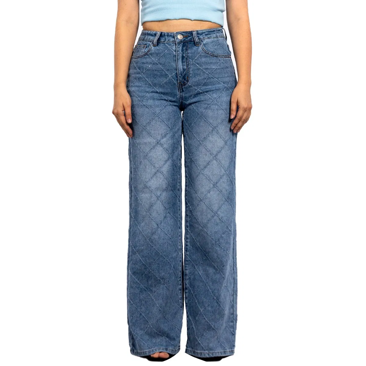 Calças baggy de cintura alta com design de plaid jacquard personalizado para mulheres