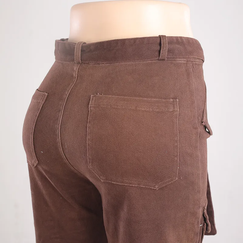Calças de brim vintage femininas marrons de cintura alta, com pernas largas e múltiplos bolsos, calças cargo respiráveis, estilo de rua