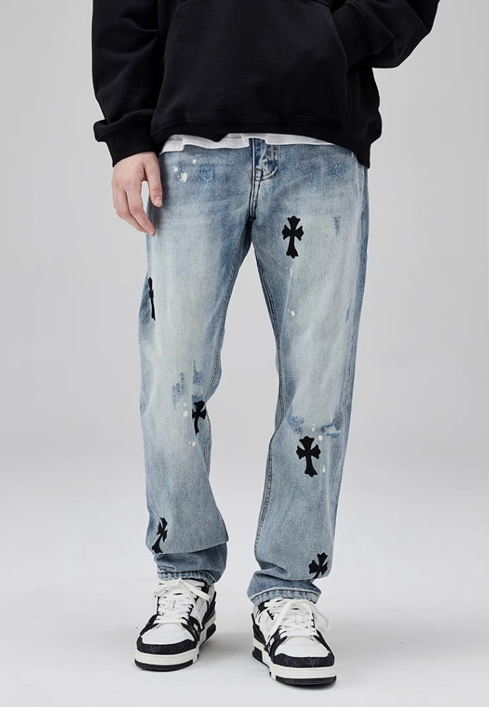 Jeans de Denim com Bordado, Lavagem, Corte Reto e Relaxado para Homens