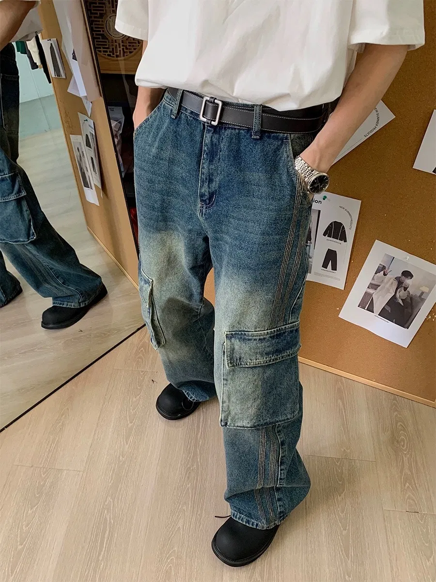 Calças casuais largas retas com bolsos grandes, macacão de denim para homens