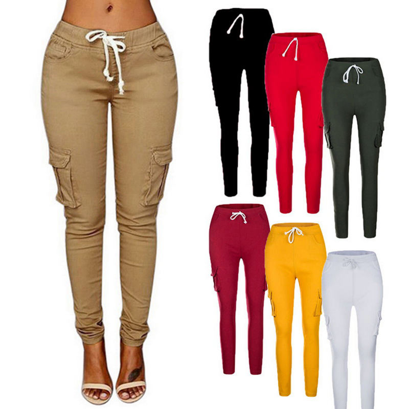 Calças Legging de Moda para Mulheres com Cordão Casual Cintura Alta Cargo Tamanho Plus Calças Longas