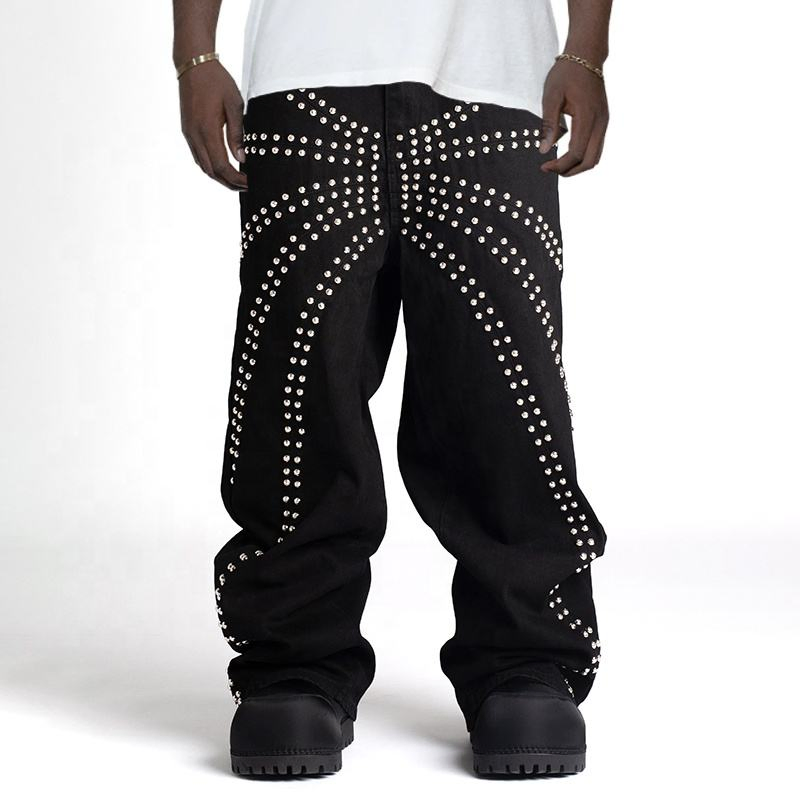 Calça Jeans Masculina Baggy de Lona com Patches de Couro Personalizados, Lavada, de Perna Larga, Moda, Jeans Reto, com Bordado em Aplique