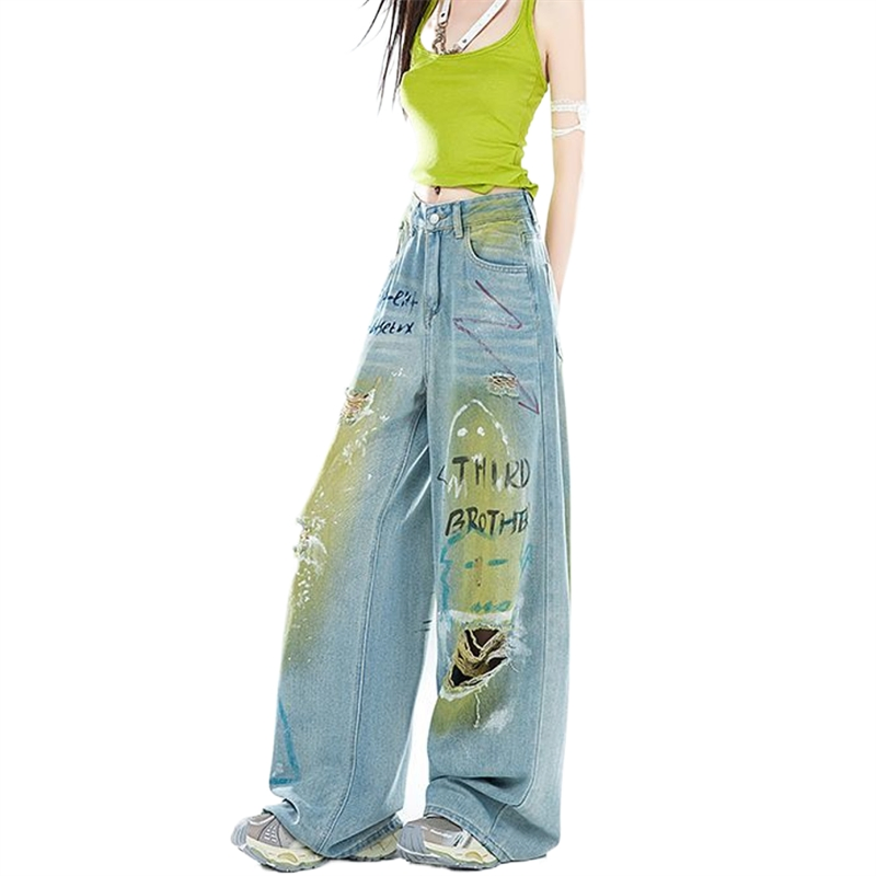 Verão Novo Estilo Impressão de Letras Design Relaxado Único Ajuste Solto Calças de Mendigo Calças de Denim Femininas Jeans Femininos Calças Rasgadas