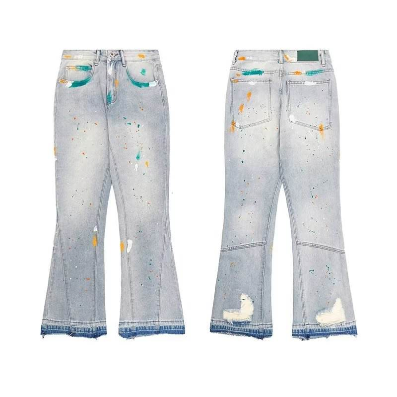 Calças de Tecido Splash-Ink de Hip Hop Retro Americana para Homens, Soltas, Retas e Micro Flare