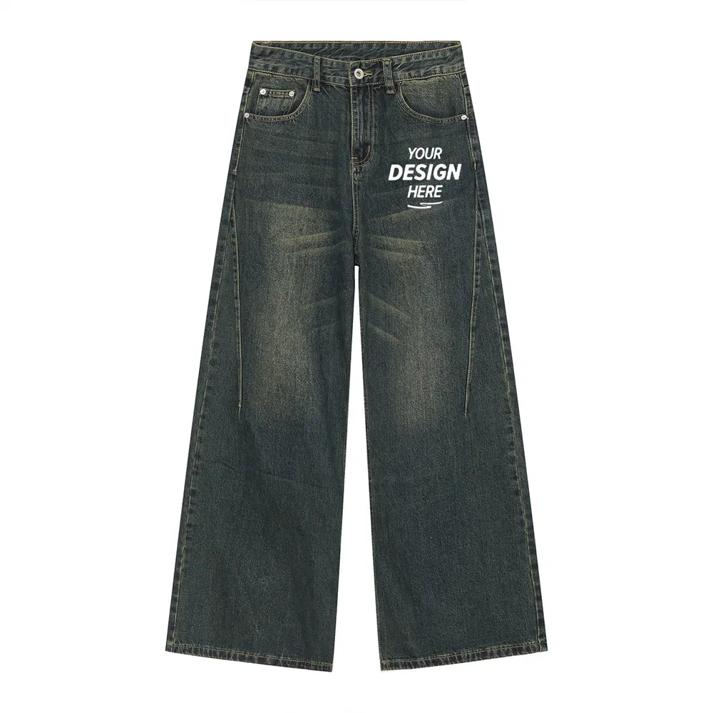 Calças Jeans Masculinas Personalizadas Estilo Desgastado Baggy Denim Bordado Estilo de Rua Pesadas Lavadas com Ácido Y2K Hip Hop Americano Retrô Calças Largas