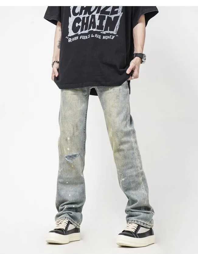 Calças Micro Flare Nova Moda Lavagem Vintage Tinta Splash para Homens Jeans Denim