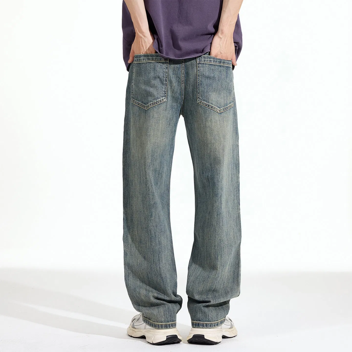 Fabricante de Calças Jeans Masculinas Calças Jeans Lavagem com Água Sanitária Detalhe de Desgaste Ajuste Relaxado B2b Fornecedor Fabricante
