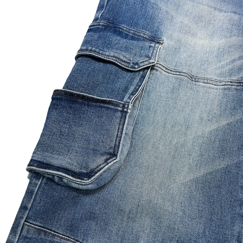 Fabricante Chinês Personalizado Calças Jeans Cargo Masculinas Azuis Largas com Grandes Bolsos Laterais Calças Longas