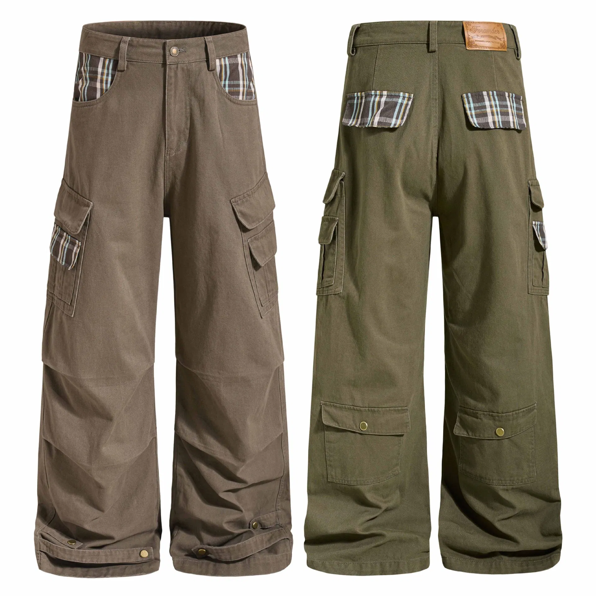Calças cargo unissex de perna larga com múltiplos bolsos e estampa xadrez da American High Street