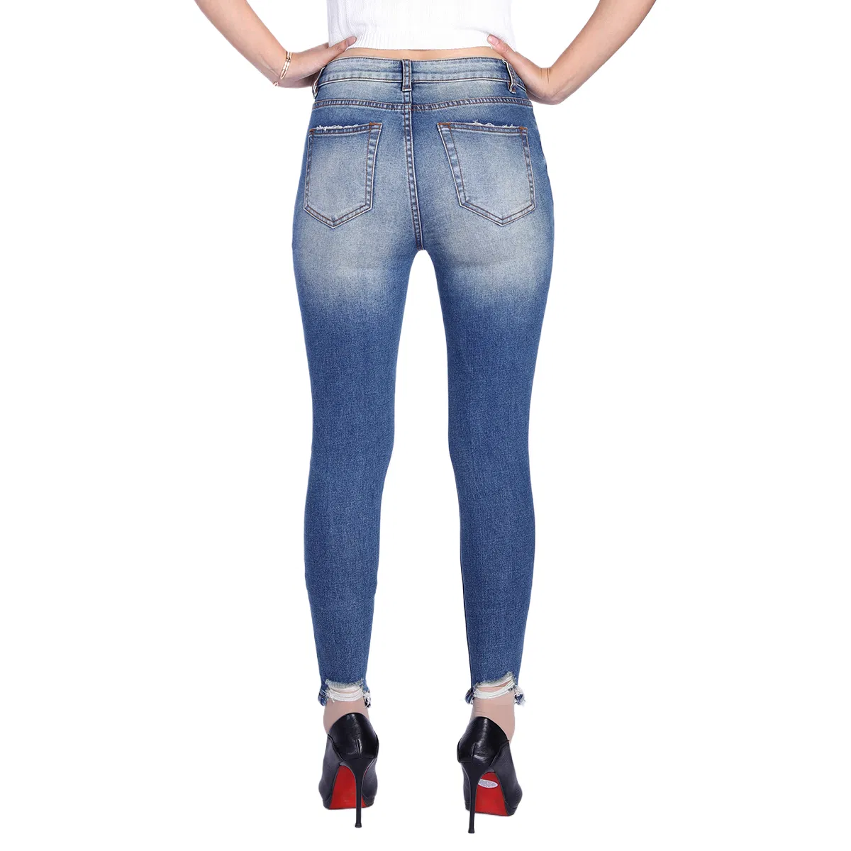 Calças skinny femininas de cintura alta rasgadas e desgastadas com barra crua vintage personalizadas