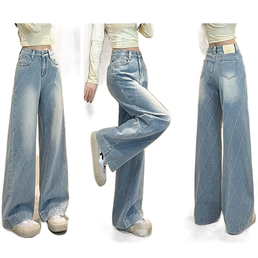 Design Novo Primavera Verão Calça Jeans Feminina Plaid Jacquard Corte Reto Solto Ajuste Confortável Calça Longa de Perna Larga Feminina Slimming e Design Único